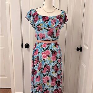 Betsy Johnson Maxi Dress Turquoise/Rose/Green Peasant Style Top Full Skirt Sz 8